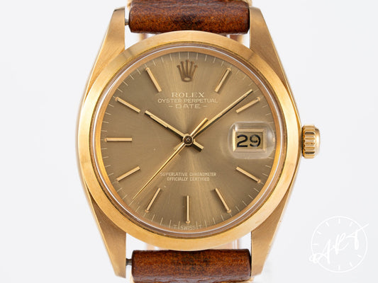 Vintage 1978 Rolex Oyster Perpetual Date Brown Dial 18K Gold Auto Watch 1500 BP