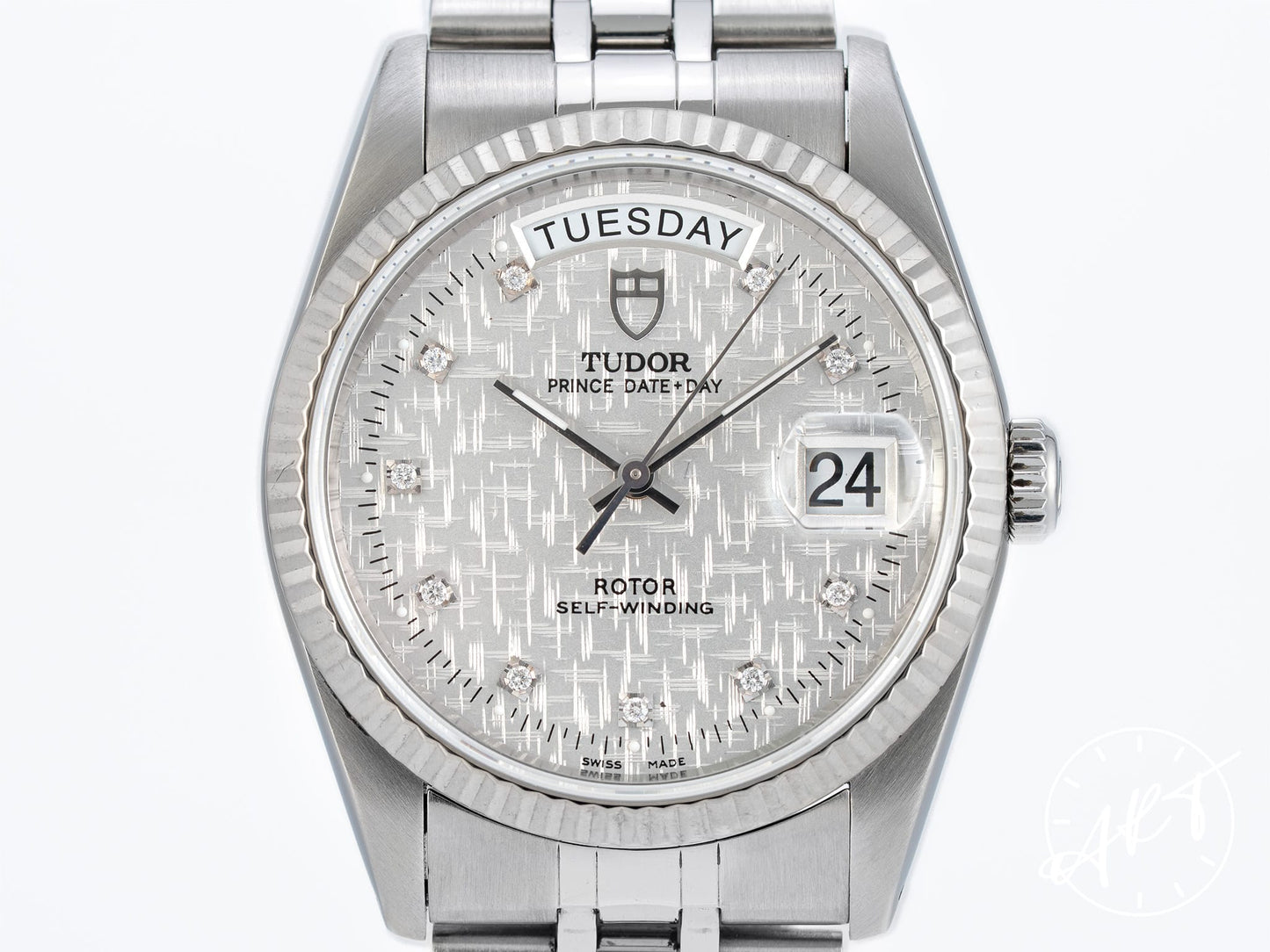 Tudor Prince Day-Date Silver Linen Diamond Dial SS Auto Watch 76214 BP