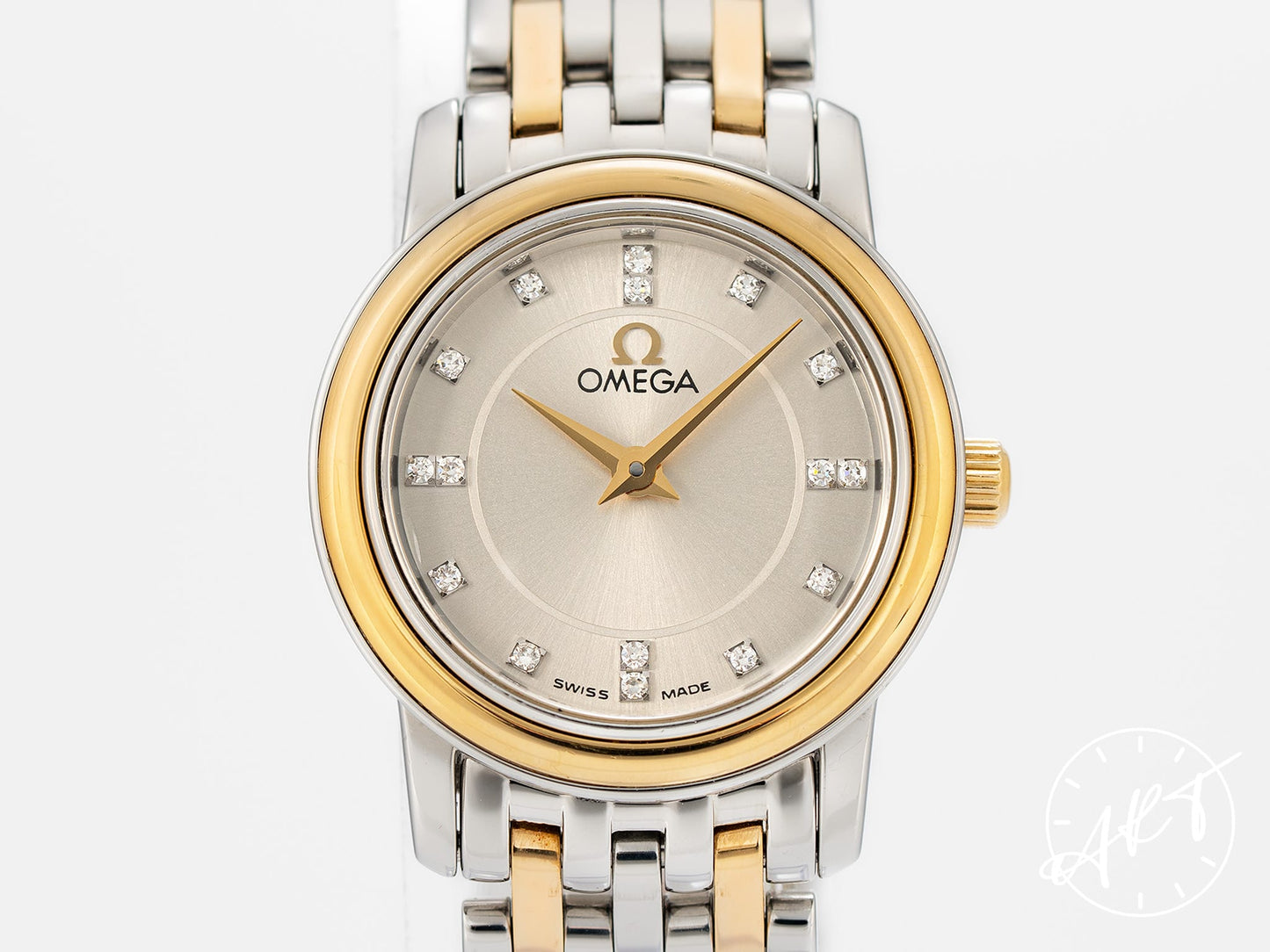 Omega De Ville Champagne Diamond Dial 18K Gold & SS Quartz Ladies Watch w/Box