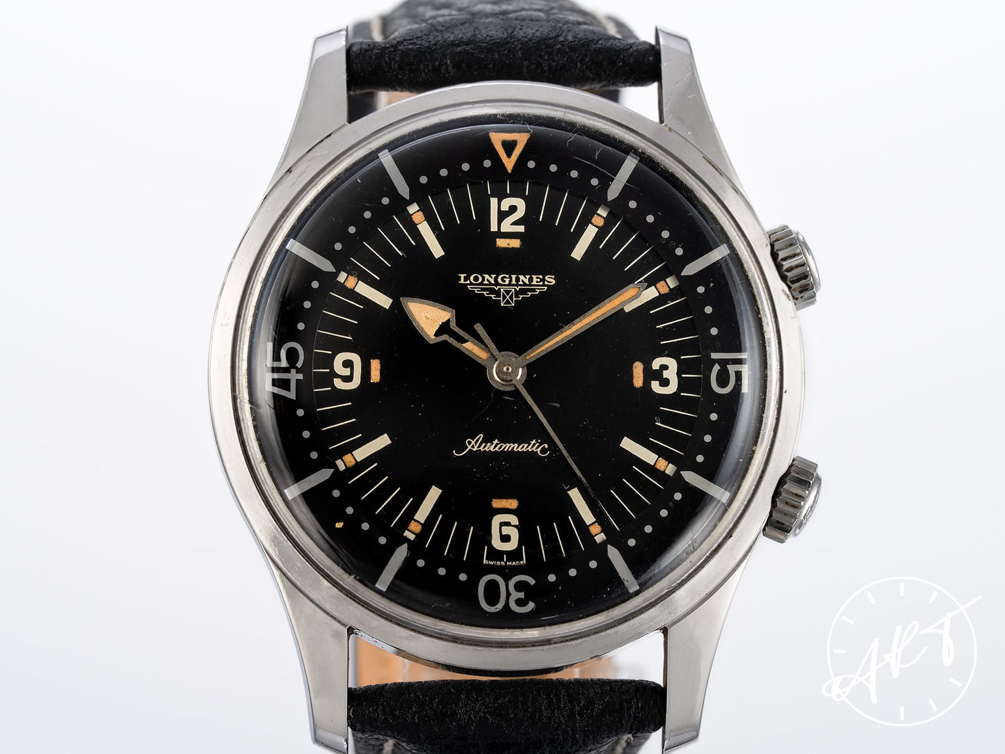 Vintage 1961 Longines Super Compressor Black Dial Cream Lume Patina SS Watch 7150-1