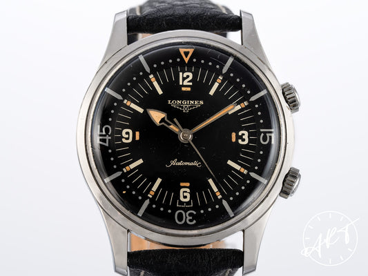 Vintage 1961 Longines Super Compressor Black Dial Cream Lume Patina SS Watch 7150-1