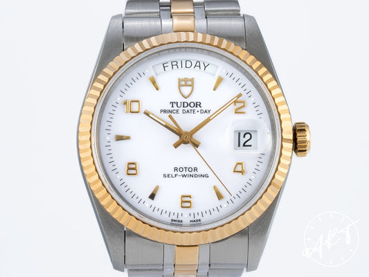 Tudor Prince Day-Date White Arabic Dial 18K Gold & SS Watch 76213