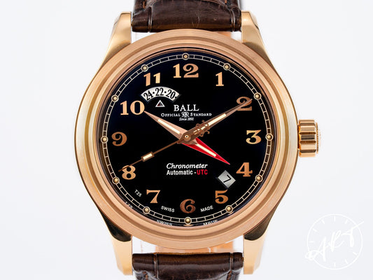 Ball Trainmaster Cleveland Express Dual Time Black Dial 18K RG Watch GM1020D BP