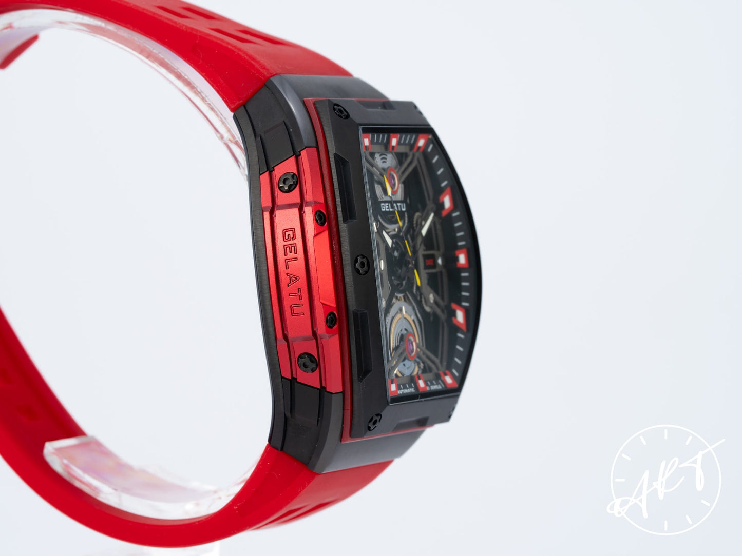 NEW Gelatu Red Black PVD-Coated SS Black Skeleton Dial Auto Watch 6012 w/ Paper