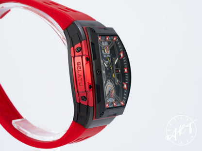 NEW Gelatu Red Black PVD-Coated SS Black Skeleton Dial Auto Watch 6012 w/ Paper