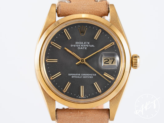 Vintage 1975 Rolex Oyster Perpetual Date Gray Dial 18K Gold Watch 1500 w/ Box