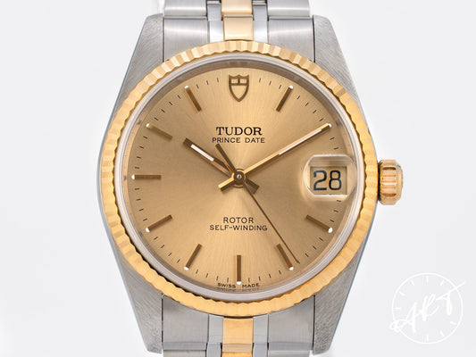 NOS Tudor Prince Date Gold Dial 18K Gold & SS Auto Watch 72033 w/ B&P