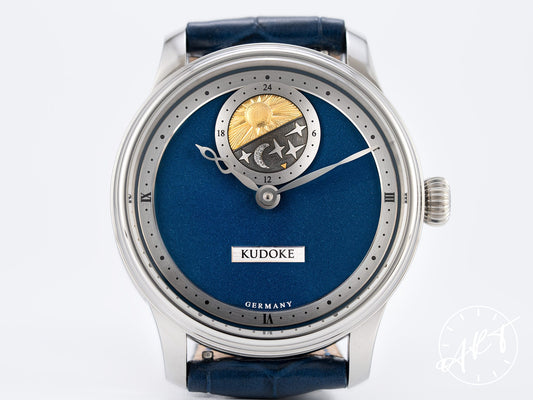 NEW Kudoke 2 Day/Night Deep Blue Dial FULLY ENGRAVED Movement Watch w/ B&P