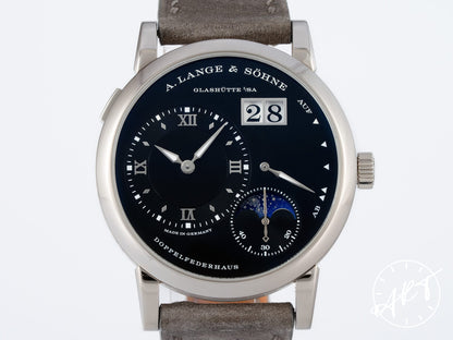 A. Lange & Söhne Lange 1 Moonphase Black Dial 18K White Gold Manual Watch 192.029 w/ B&P