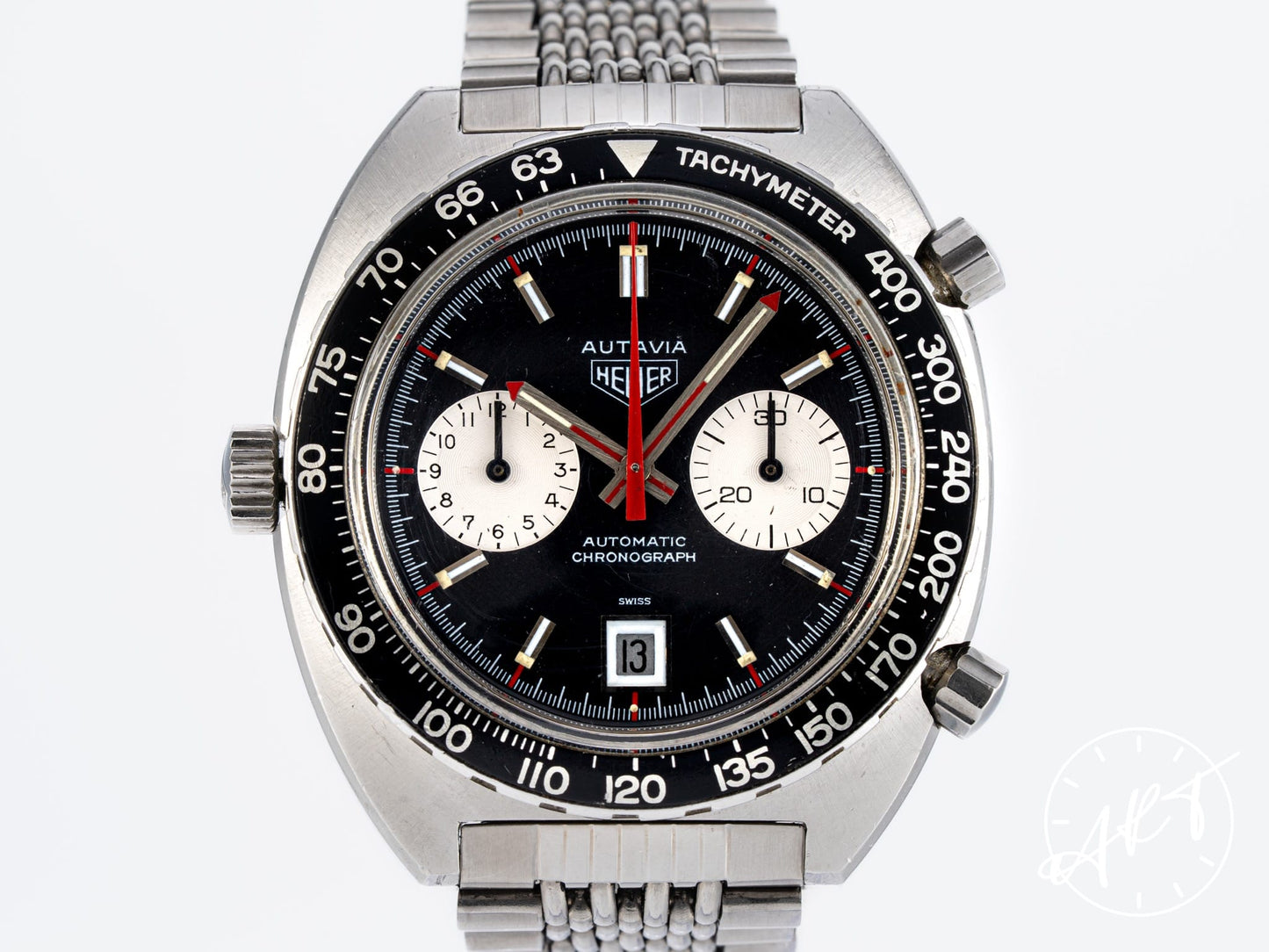 Vintage Heuer Autavia Chronograph Reverse Panda Dial SS Auto Watch 1163