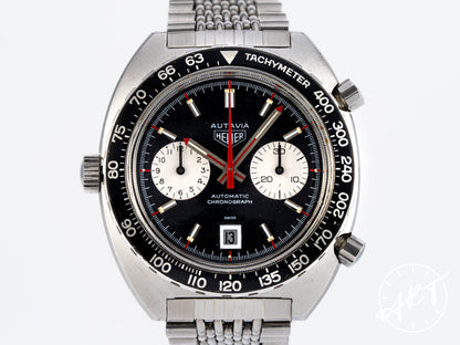 Vintage Heuer Autavia Chronograph Reverse Panda Dial SS Auto Watch 1163