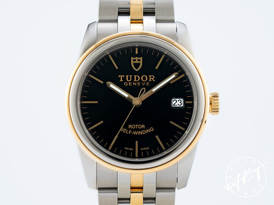Tudor Glamour Date 36 Black Dial 18K Gold & SS Auto Watch 55003 w/ B&P
