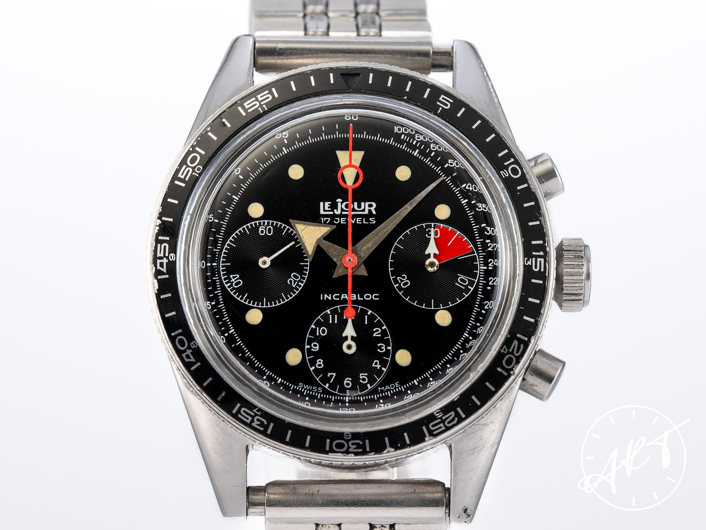 Vintage 1970s Le Jour Val 72 Chrono Black Dial Cream Lume Patina SS Manual Watch