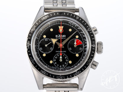 Vintage 1970s Le Jour Val 72 Chrono Black Dial Cream Lume Patina SS Manual Watch
