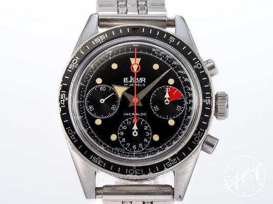 Vintage 1970s Le Jour Val 72 Chrono Black Dial Cream Lume Patina SS Manual Watch