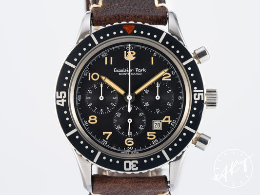Vintage 1980s Excelsior Park Monte Carlo Chrono Black Dial Gorgeous Patina SS 50 Pcs Ltd Pilot Watch
