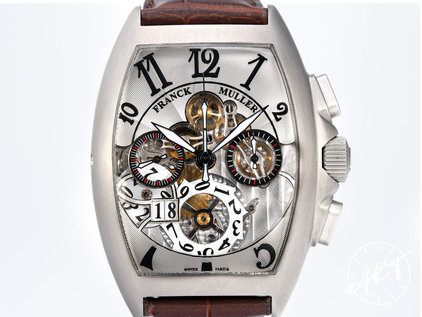 Franck Muller Cintrée Curvex Chrono Grande Date Silver Skeleton Dial SS Watch 8083 BP