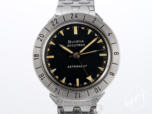 NOS Vintage 1966 Accutron Astronaut Black Dial Lume Patina Tuning Fork Watch w/Box