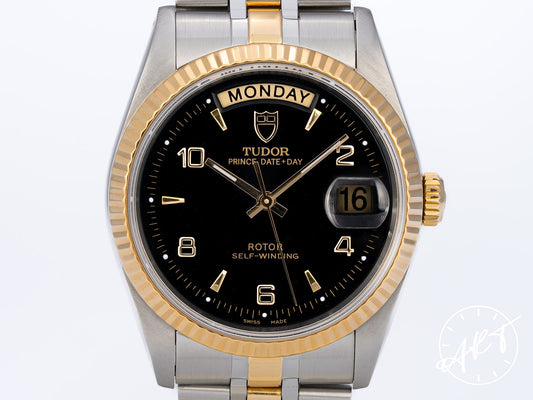 Tudor Prince Day-Date Black Arabic Dial 18K Gold & SS Watch 76213 w/ Papers