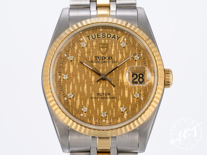 Tudor Prince Day-Date Gold Linen Diamond Dial 18K Gold & SS Watch 76213 BP
