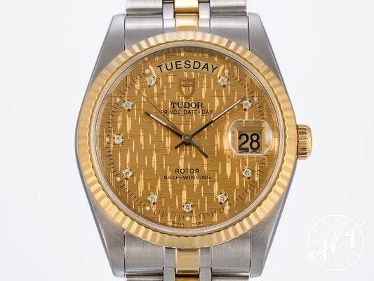 Tudor Prince Day-Date Gold Linen Diamond Dial 18K Gold & SS Watch 76213 BP