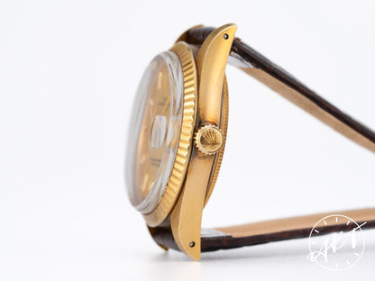 Vintage 1982 Rolex Oyster Perpetual Date Gold Dial 18K Gold Auto Watch 15038 BP