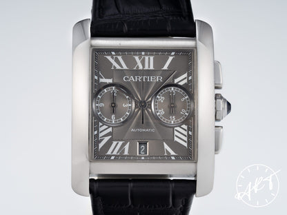 Cartier Tank MC Chronograph Gray Guilloche Dial SS Auto Watch W5330008 w/ Box