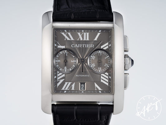 Cartier Tank MC Chronograph Gray Guilloche Dial SS Auto Watch W5330008 w/ Box