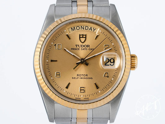 Tudor Prince Day-Date Fluted Bezel Gold Dial Silver SS Auto Watch 76213 w/ B&P