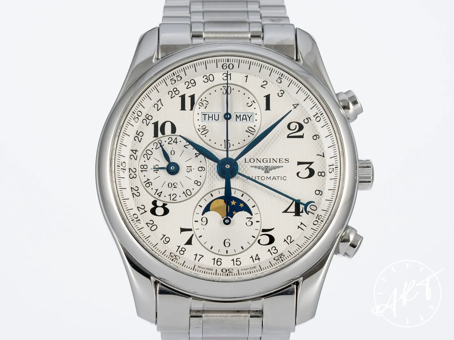Longines Master Collection Chrono Moonphase Silver Dial SS Auto Watch w/ B&P