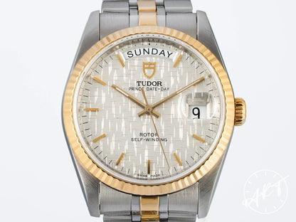 Tudor Prince Day-Date Silver Linen Dial Yellow Gold & SS Auto Watch 76213 w/ Manual