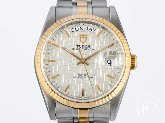 Tudor Prince Day-Date Silver Linen Dial Yellow Gold & SS Auto Watch 76213 w/ Manual