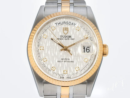 Tudor Prince Day-Date Silver Linen Diamond Dial 18K Gold & SS Auto Watch 76213