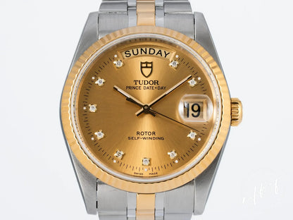 Tudor Prince Day-Date Gold Diamond Dial 18K Gold & SS Watch 76213 B&P