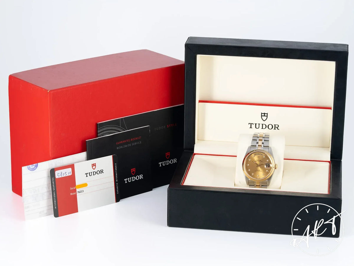 Tudor Prince Day-Date Gold Diamond Dial 18K Gold & SS Watch 76213 B&P