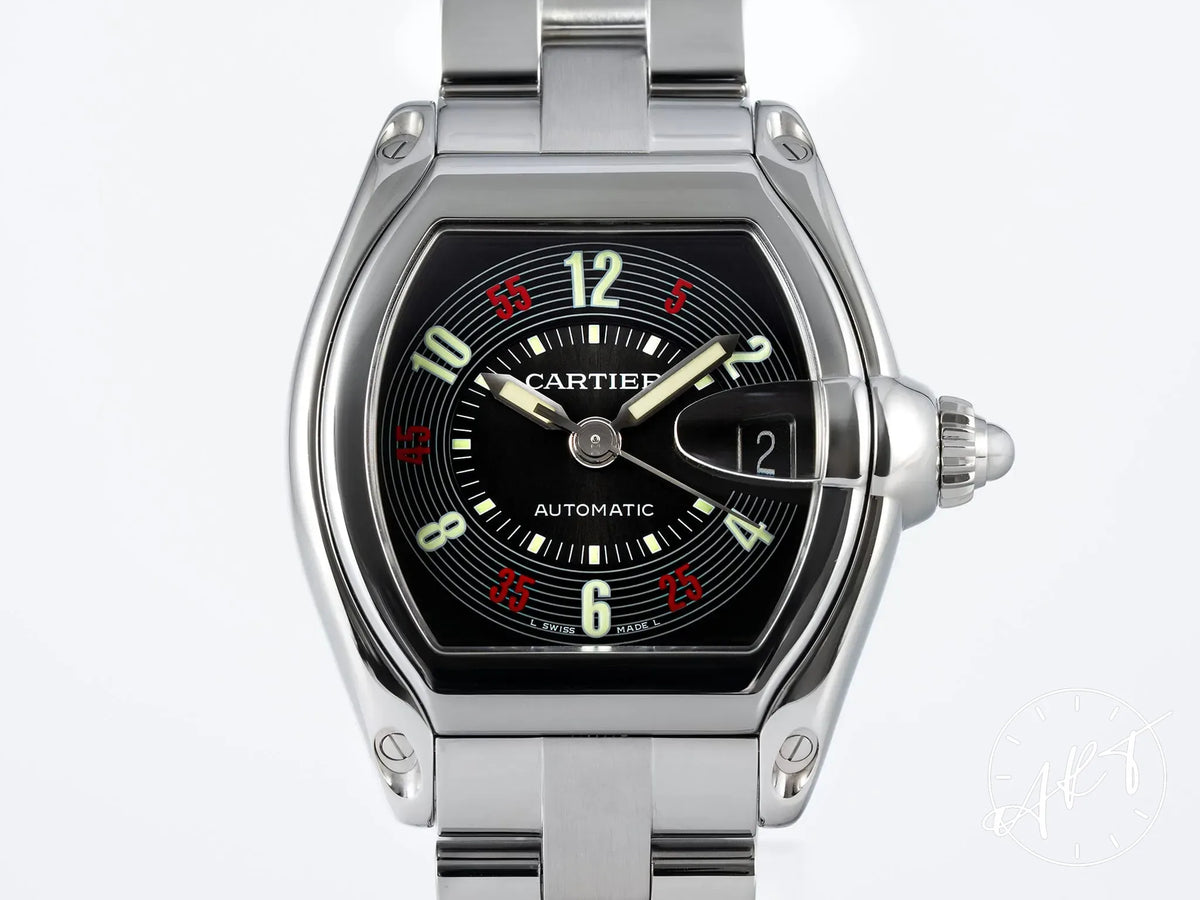 NEW Cartier Roadster Black Dial SS Auto Watch W62002V3 w/ Box & Manual