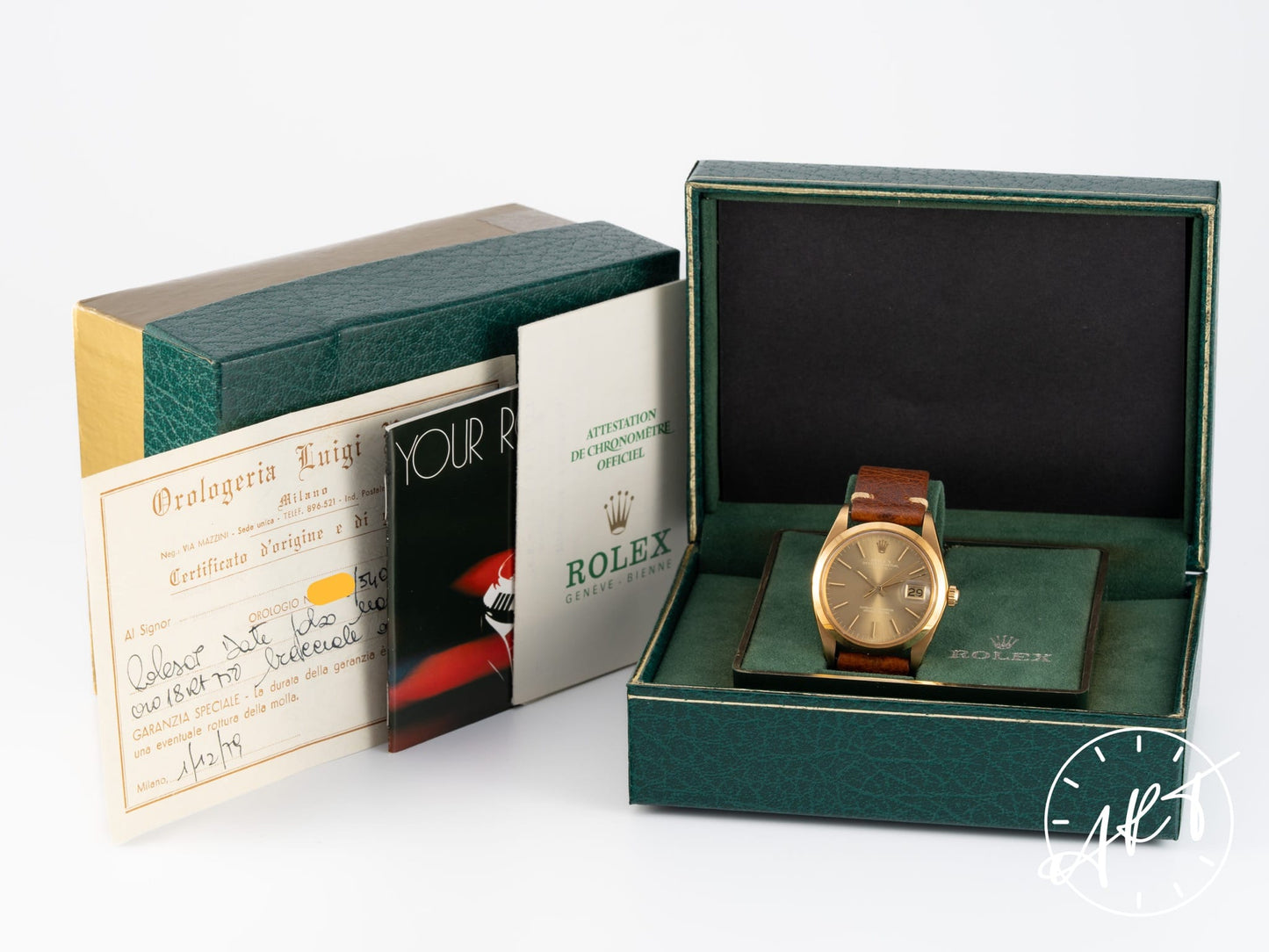 Vintage 1978 Rolex Oyster Perpetual Date Brown Dial 18K Gold Auto Watch 1500 BP