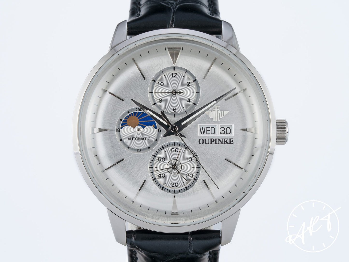 NEW Oupinke Moonphase Silver Dial SS Auto Watch 3309 w/ Paper & Manual