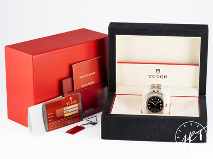 Tudor Glamour Date 36 Black Diamond Dial 18K Gold & SS Auto Watch 55003 w/ B&P
