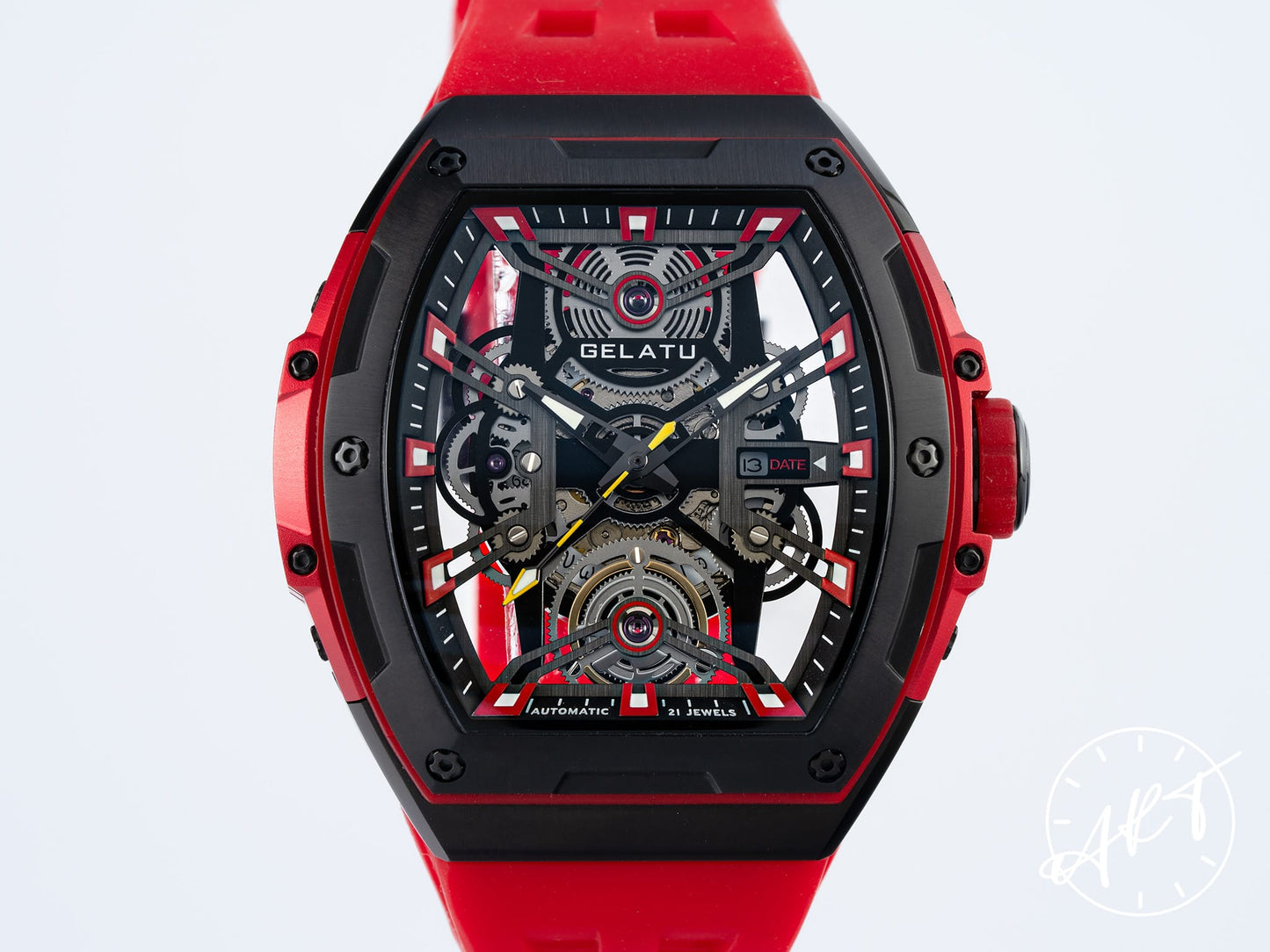 NEW Gelatu Red Black PVD-Coated SS Black Skeleton Dial Auto Watch 6012 w/ Paper