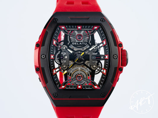 NEW Gelatu Red Black PVD-Coated SS Black Skeleton Dial Auto Watch 6012 w/ Paper