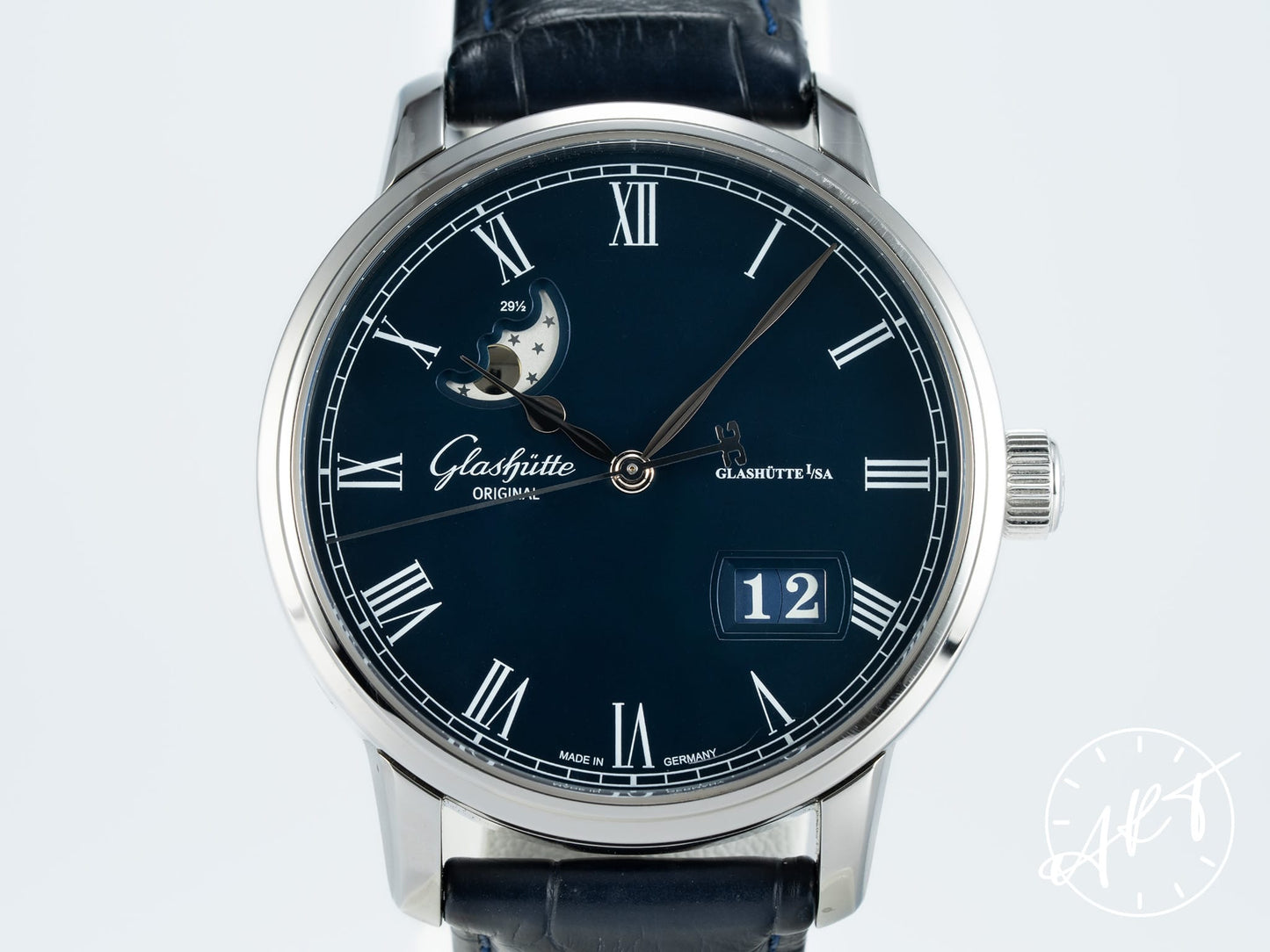 Glashütte Original Senator Panorama Date Moon Phase Blue Dial SS Auto Watch BP