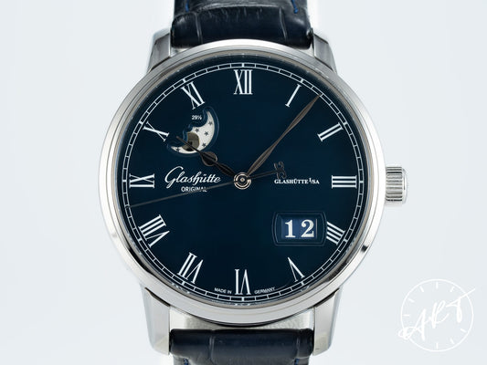 Glashütte Original Senator Panorama Date Moon Phase Blue Dial SS Auto Watch BP
