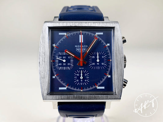 Vintage 1970s Heuer Monaco Chronograph Blue Dial SS Manual Watch 73622
