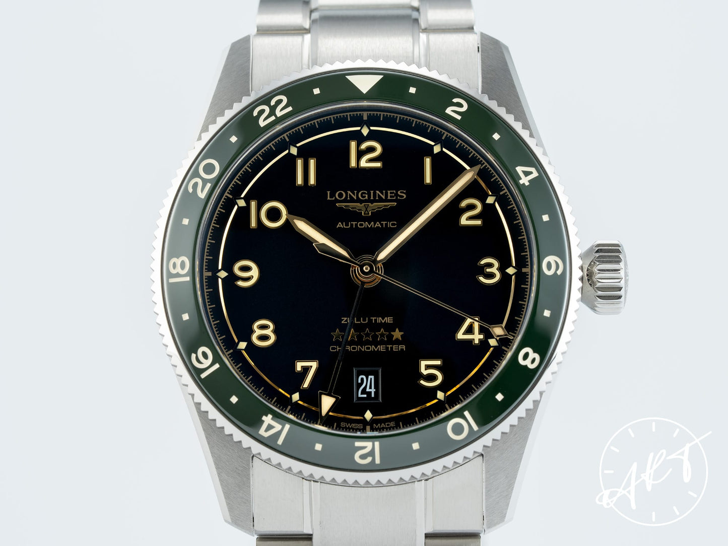 Longines Spirit Zulu Time GMT Green Bezel Black Dial SS Auto Watch L38024636 BP