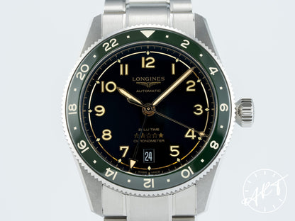 Longines Spirit Zulu Time GMT Green Bezel Black Dial SS Auto Watch L38024636 BP