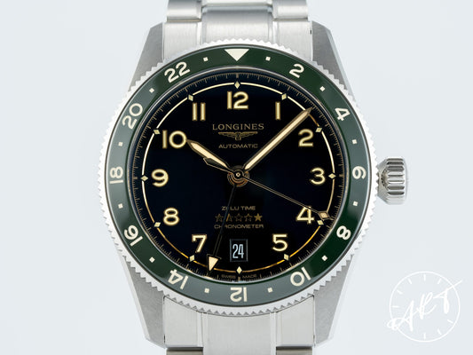 Longines Spirit Zulu Time GMT Green Bezel Black Dial SS Auto Watch L38024636 BP