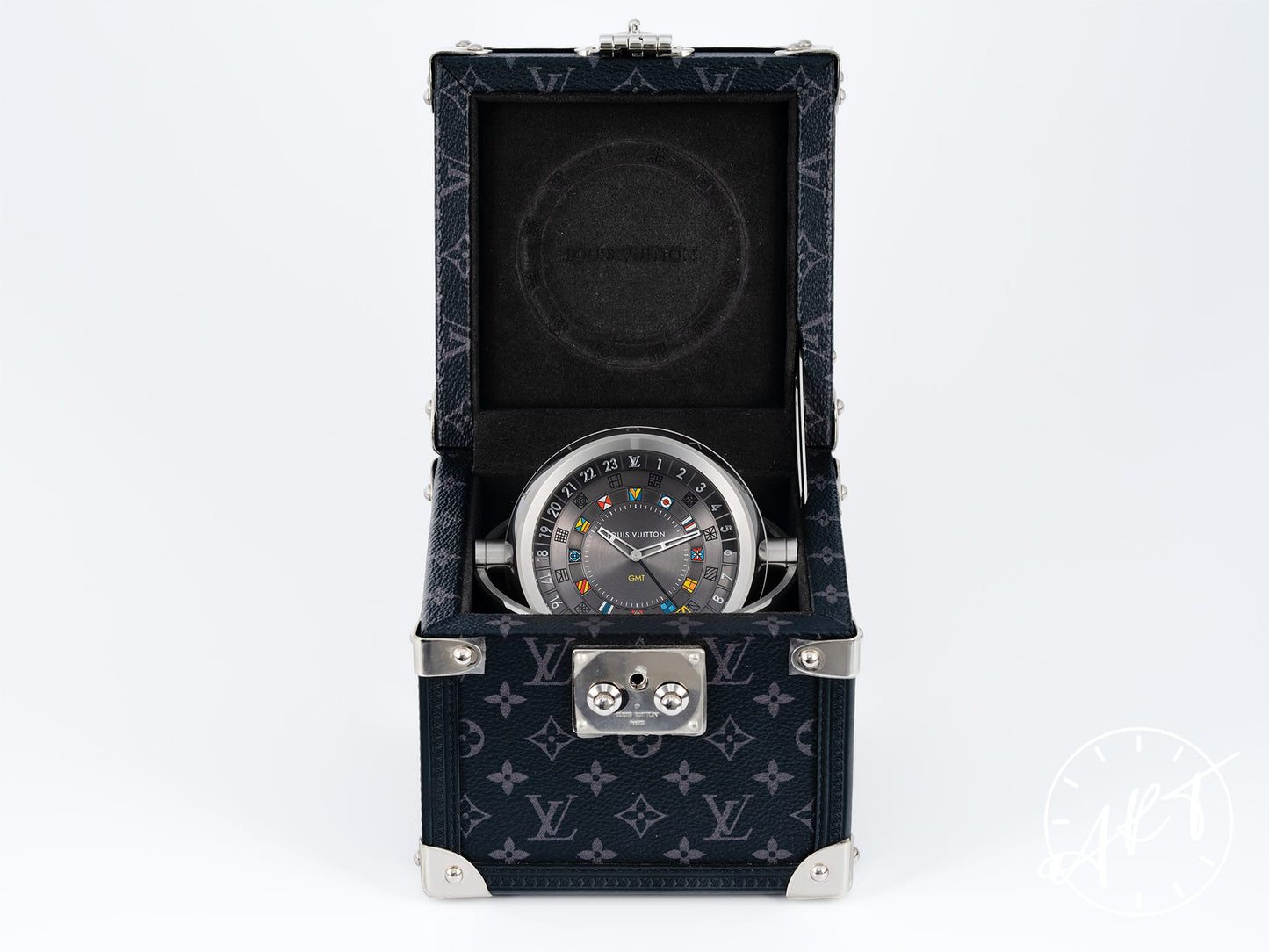 Louis Vuitton Tambour Monogram Eclipse Trunk Table Clock Q1Q030 w/ Box