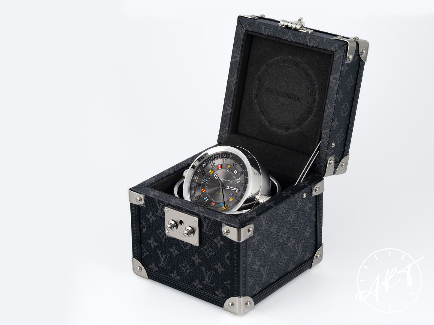 Louis Vuitton Tambour Monogram Eclipse Trunk Table Clock Q1Q030 w/ Box