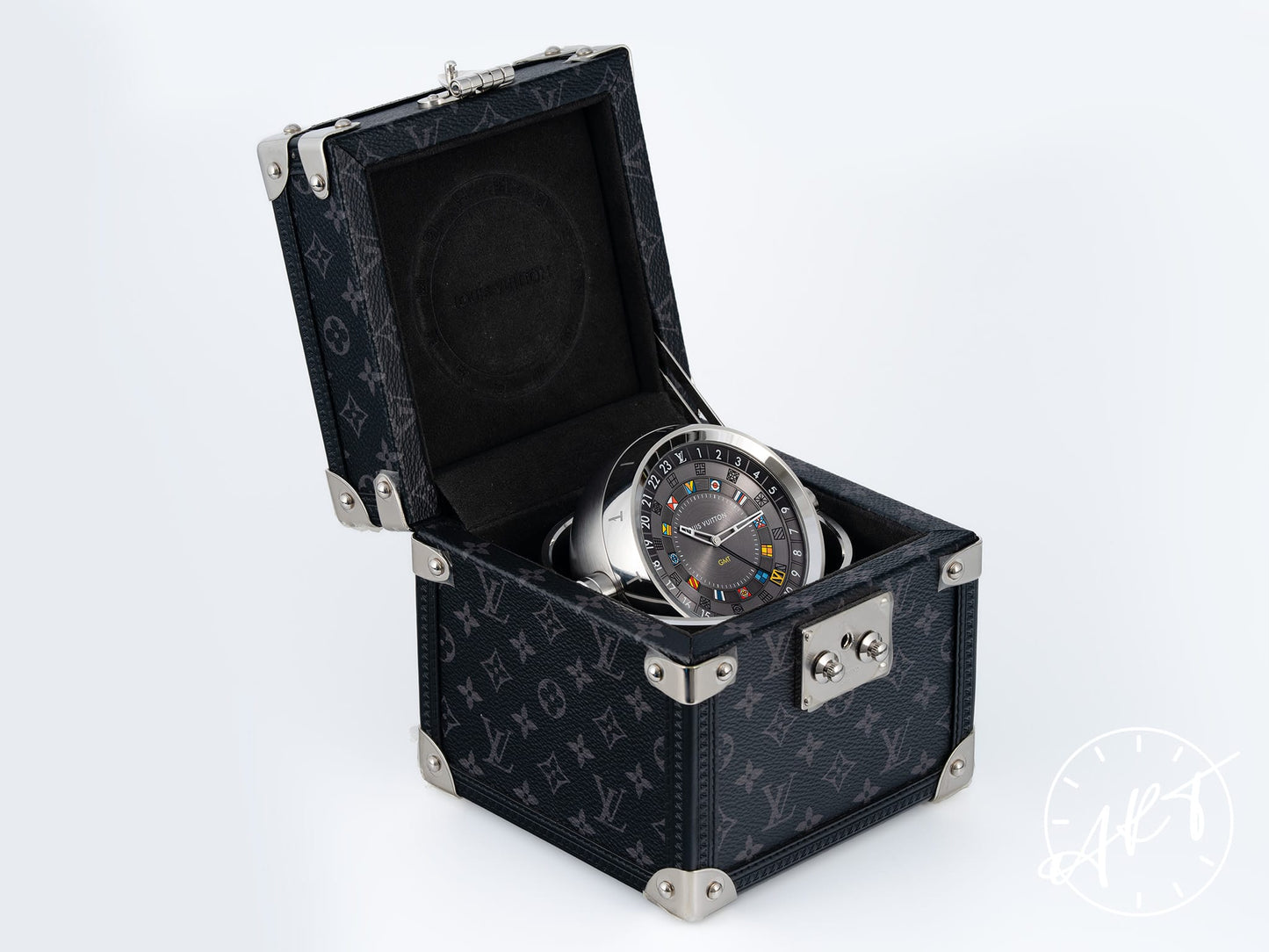 Louis Vuitton Tambour Monogram Eclipse Trunk Table Clock Q1Q030 w/ Box